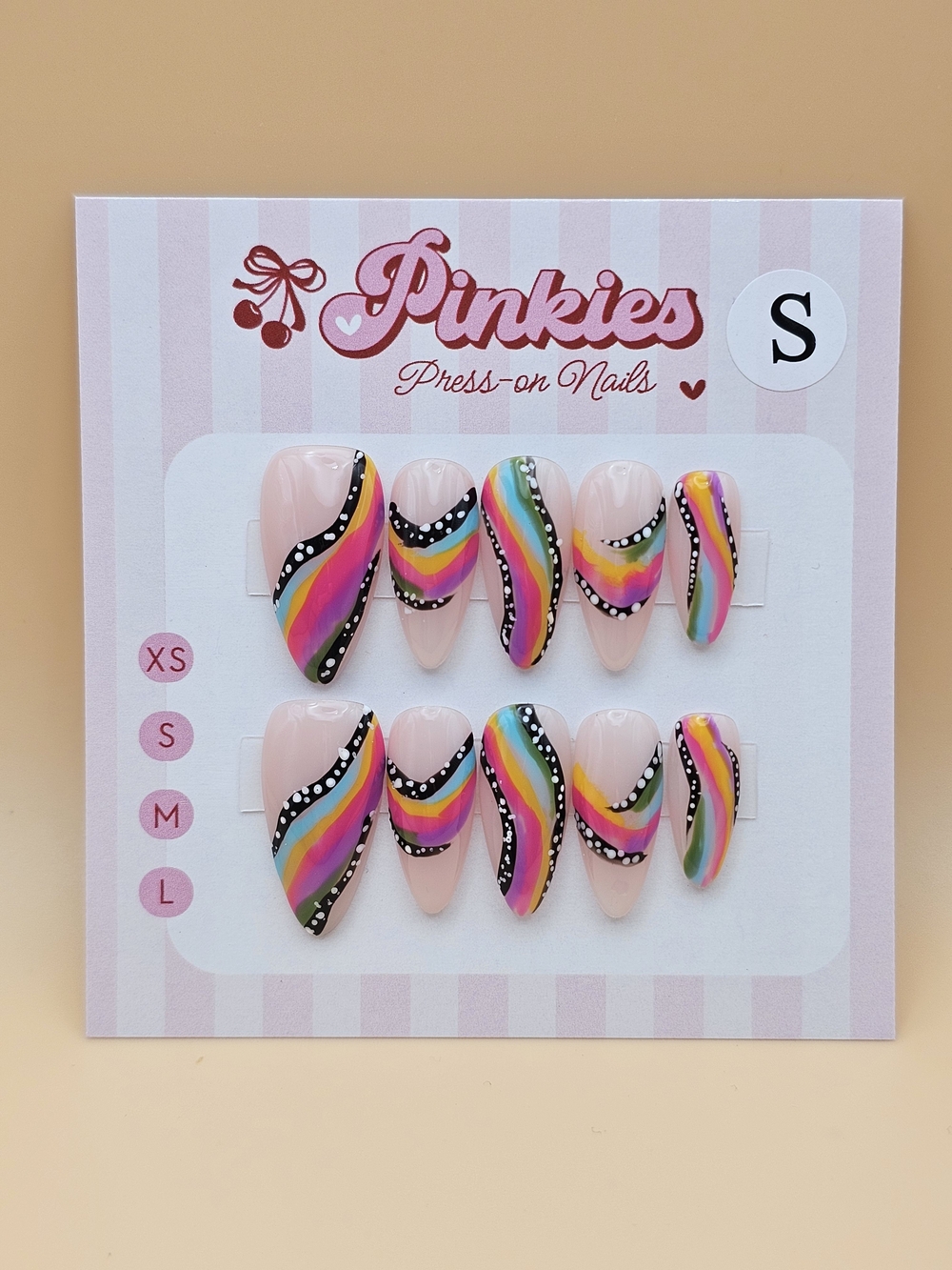 Press-on Nails Set 10pc Size S Almond Rainbow Multicolor Snake Polka Dots Black